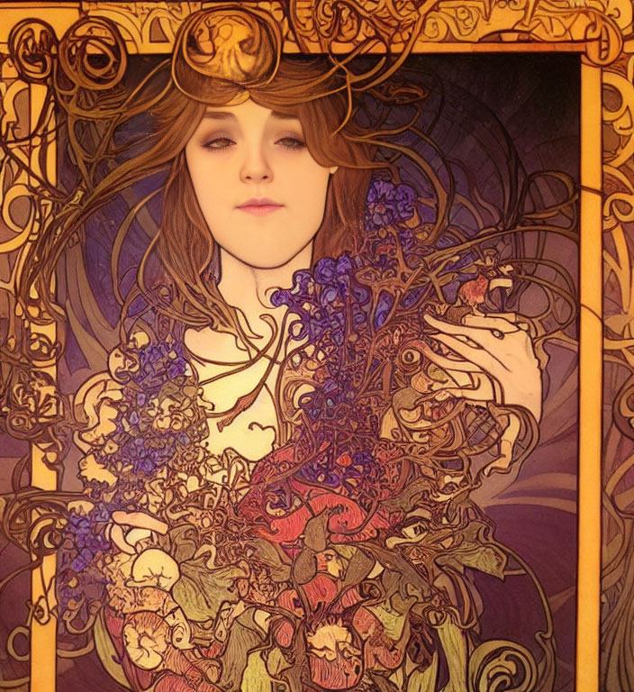 Stylized portrait of woman with flowing hair and ornate floral designs in purple and gold hues