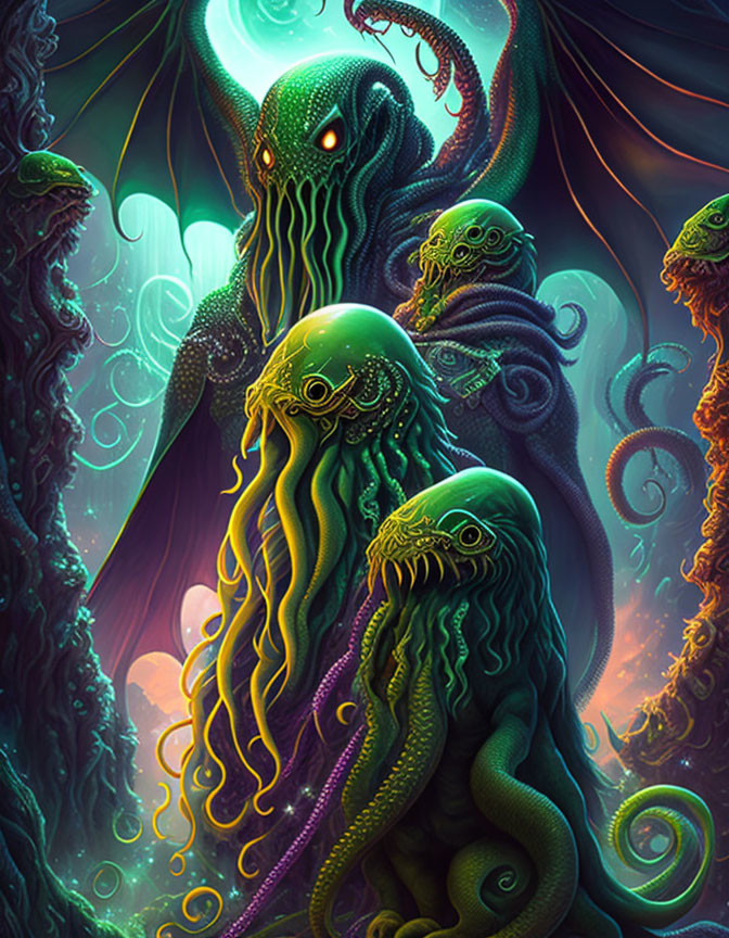 Colorful tentacled creatures in mystical forest with glowing eyes