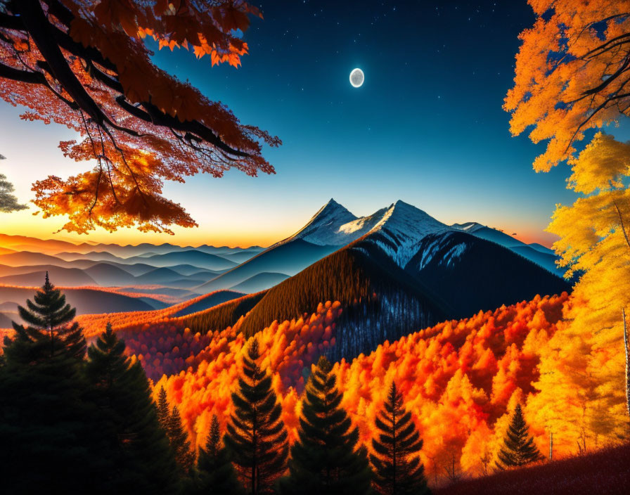 Autumnal landscape: fiery foliage, pine trees, mountains, crescent moon