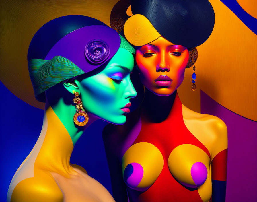 Colorful artistic depiction of two stylized female figures in elegant poses with vibrant headwear on a mult