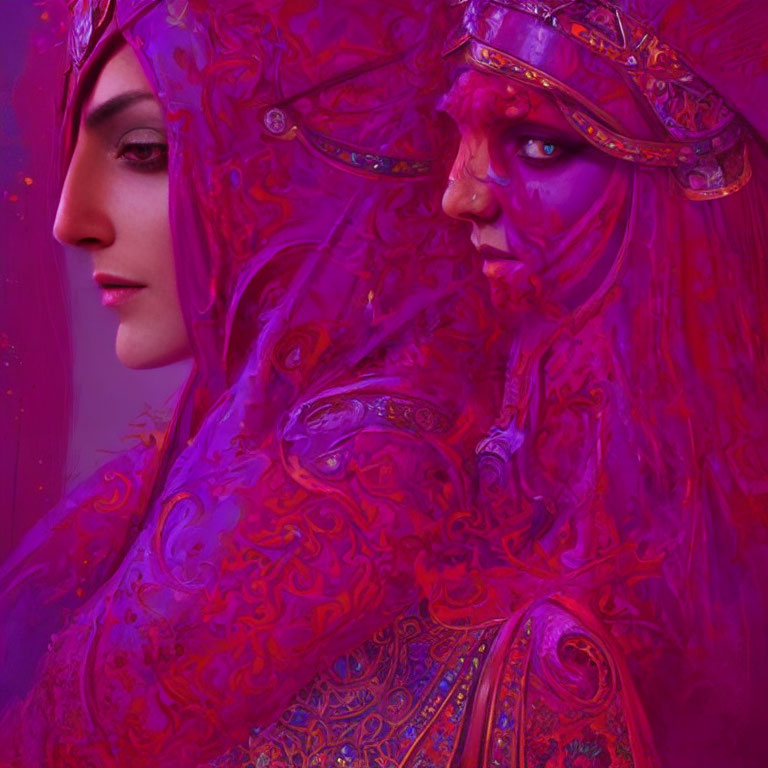 Colorful digital artwork featuring two characters in intricate purple and magenta attire.