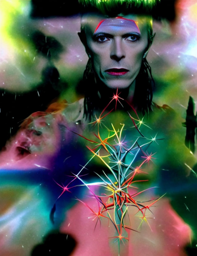 Vibrant cosmic-themed portrait with sharp features and painted lightning bolt on face