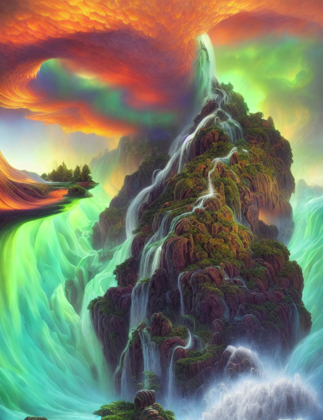 Fantasy landscape with towering waterfall and turquoise pool