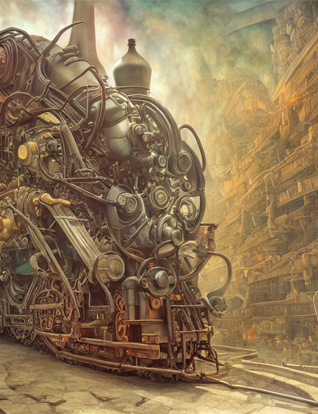 Steampunk scene with intricate machine in industrial cityscape