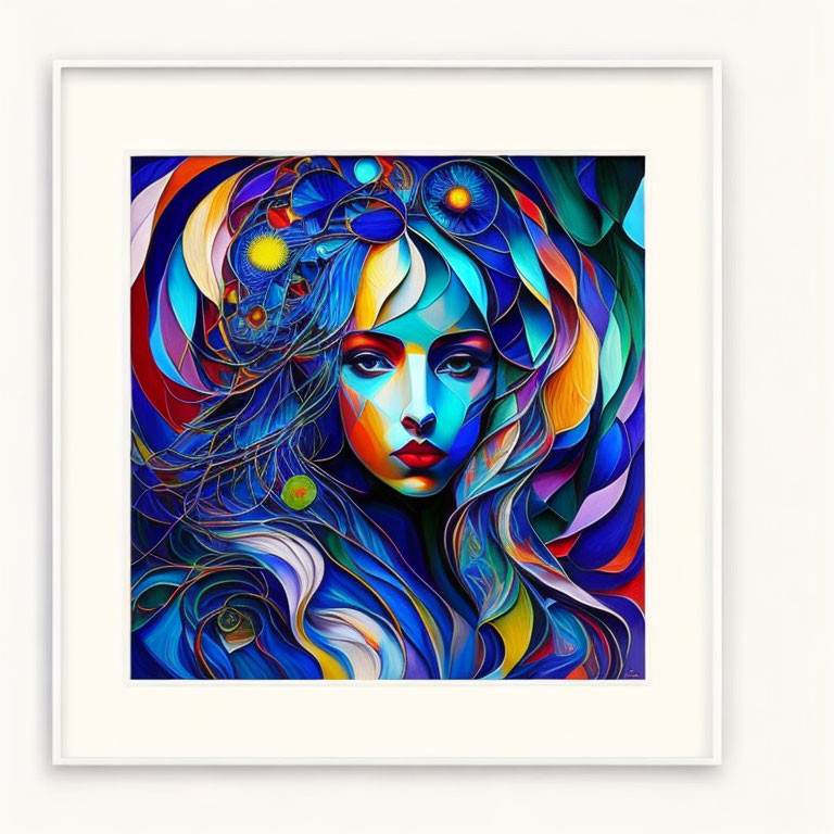 Vibrant abstract portrait of a woman with swirling patterns and colorful features