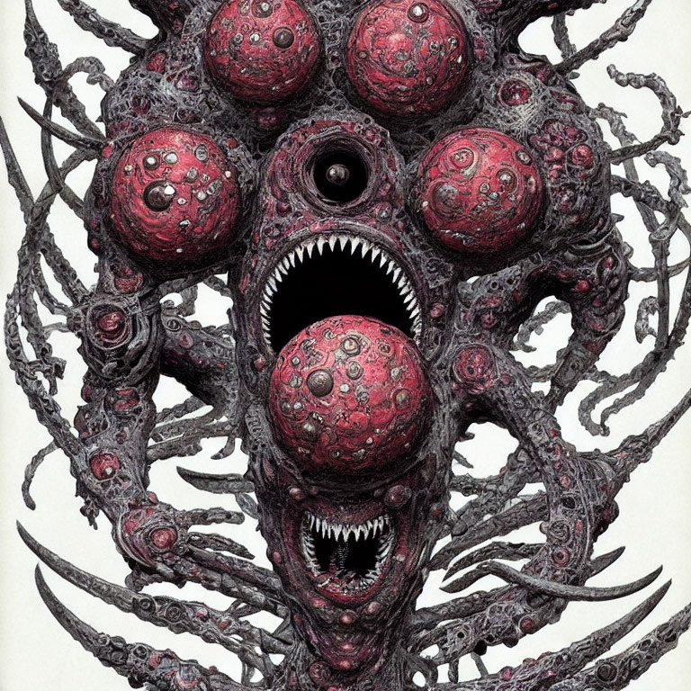 Detailed Illustration of Monstrous Entity with Red Orbs, Sharp Teeth, and Dark Appendages