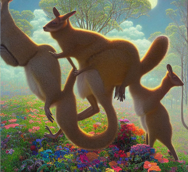 Vibrant meadow scene with three kangaroos and misty trees