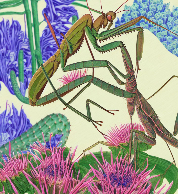 Detailed illustration: Praying mantis on greenery with purple flowers