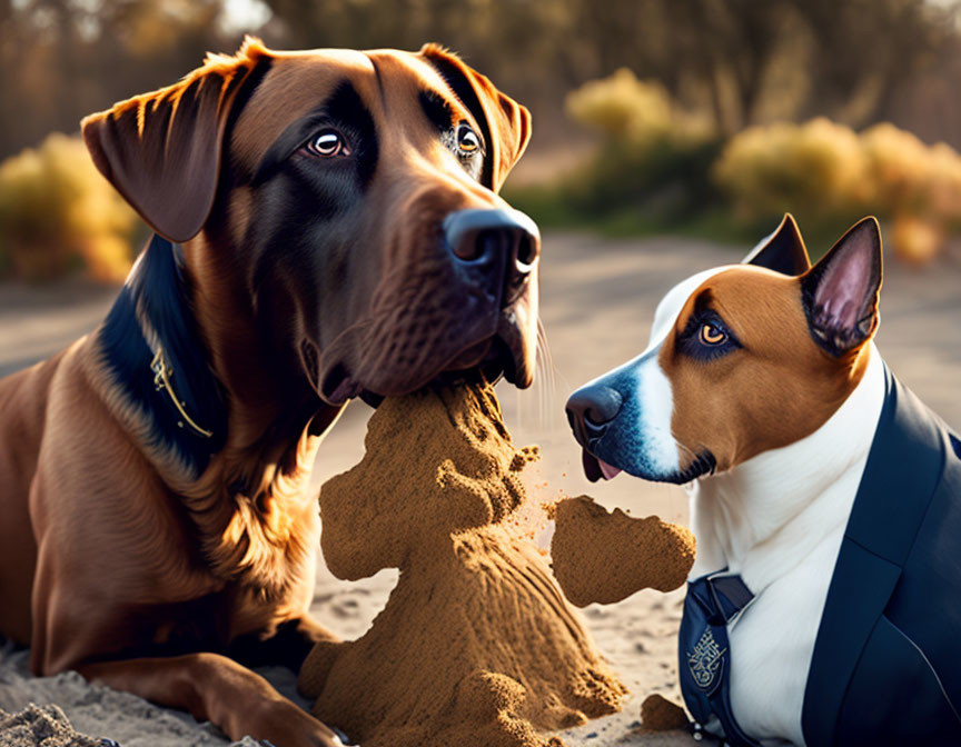 Two dogs, one large brown, one small with black and brown face, near sand structure