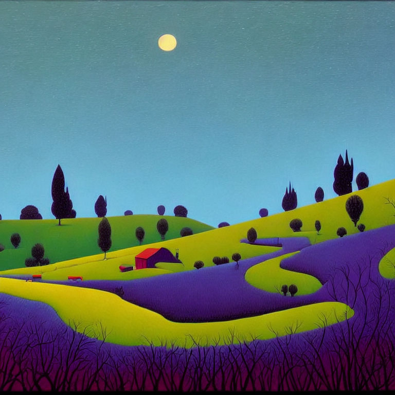 Colorful painting of rolling hills, full moon, trees, and red-roofed house