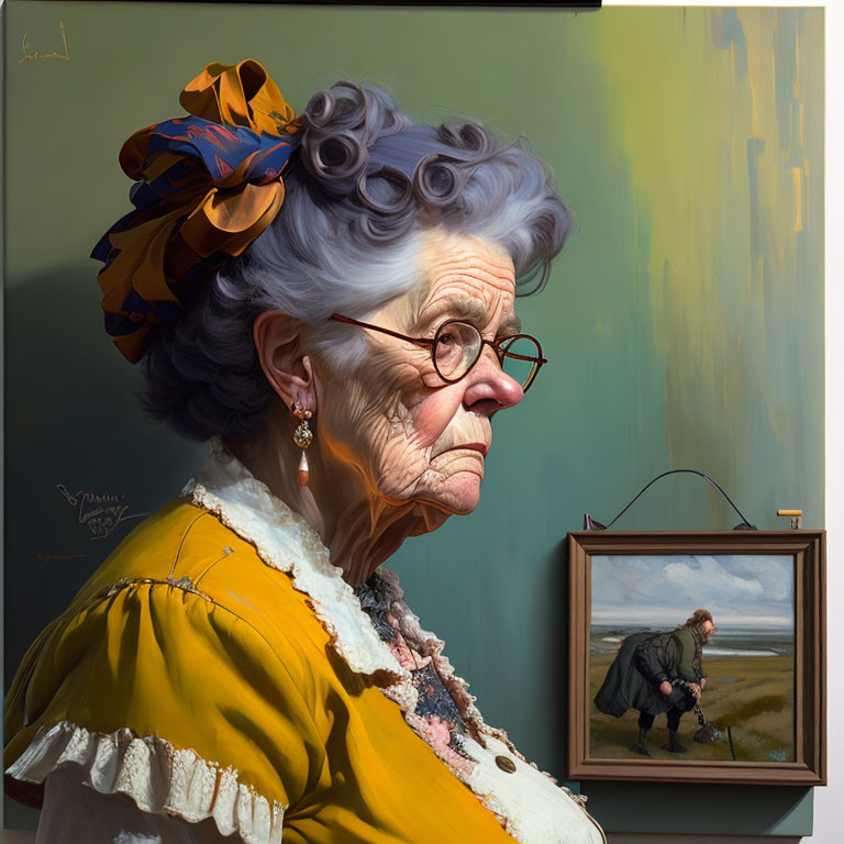 Elderly lady with blue hair and glasses in yellow dress next to framed painting.