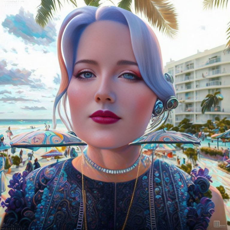 Digital Artwork: Woman with Blue Hair & Jewelry in Tropical Beach Setting