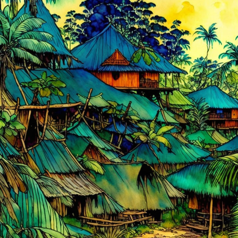 Colorful stylized tropical village illustration with thatched huts and lush greenery