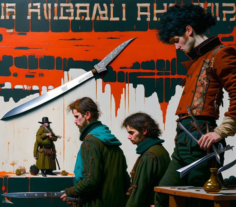 Historical theatrical scene with four individuals, large knife, Cyrillic script, orange and black backdrop