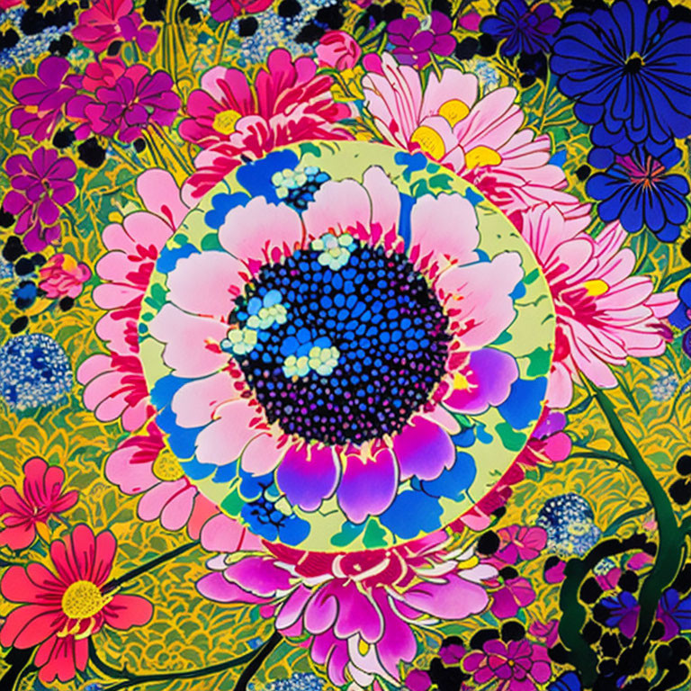 Colorful Floral Pattern with Circular Blue and Yellow Bloom on Dark Background