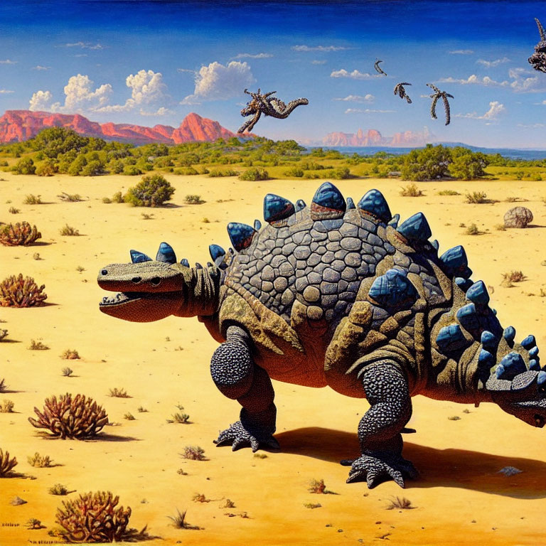 Surreal painting: Tortoise with shell of smaller turtles in desert scene