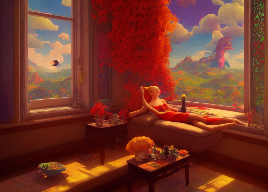 Autumnal landscape with reclining humanoid figure in sunlit room