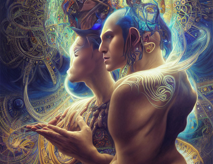 Fantasy illustration: Elven couple with intricate tattoos in cosmic backdrop