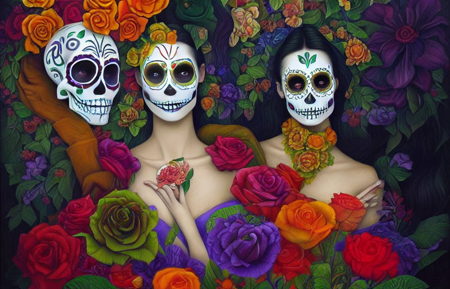 Three individuals in Day of the Dead face paint with vibrant, multicolored roses.