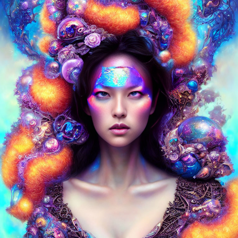 Colorful portrait of woman with purple skin and cosmic-themed headdress