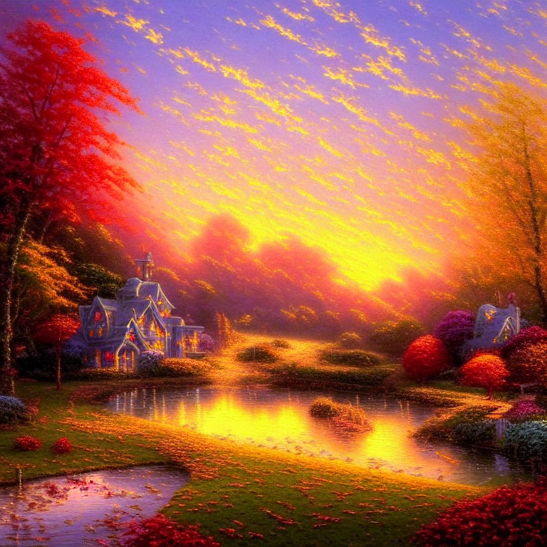 Colorful sunset sky over reflective pond and quaint cottages