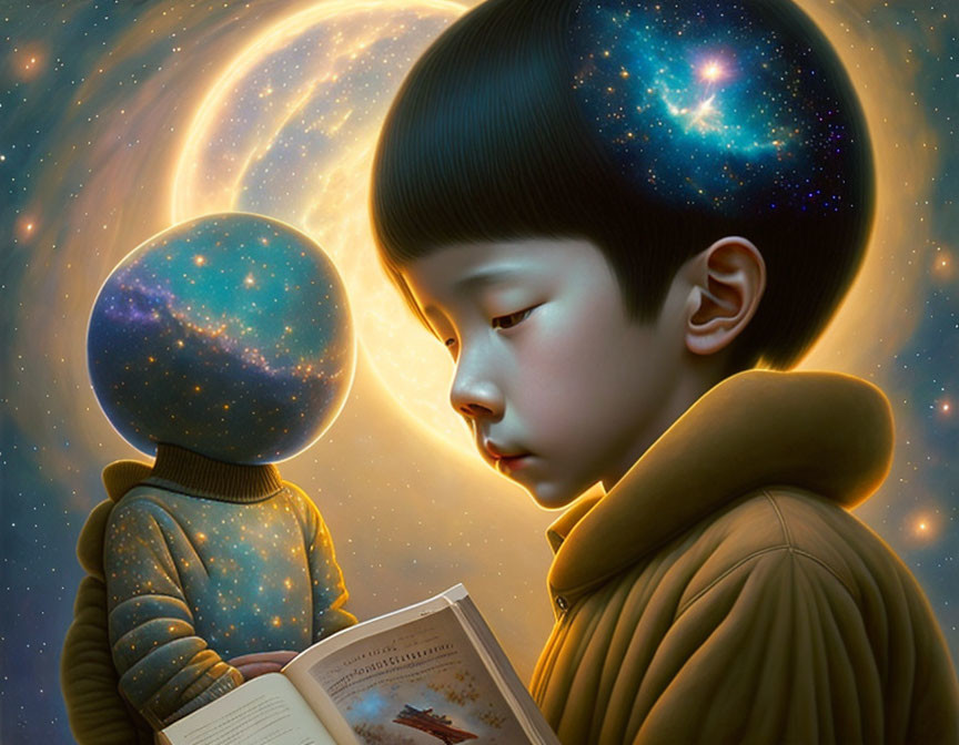 Children with star-filled hair reading book in galaxy backdrop