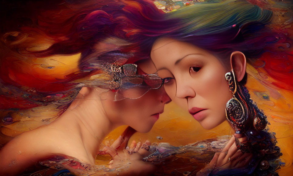 Vibrant surreal artwork: two women with colorful hair and ornate accessories