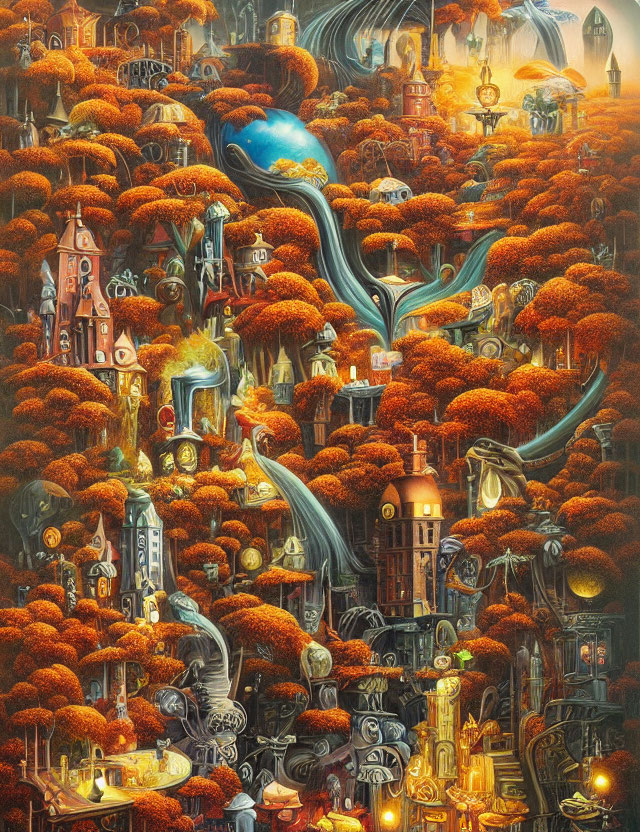 Surreal landscape with orange foliage, twisting pathways, and ornate buildings