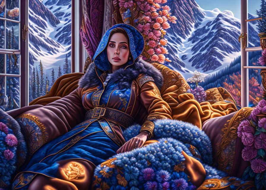 Luxurious woman in blue and gold robe among vibrant flowers and snowy mountains