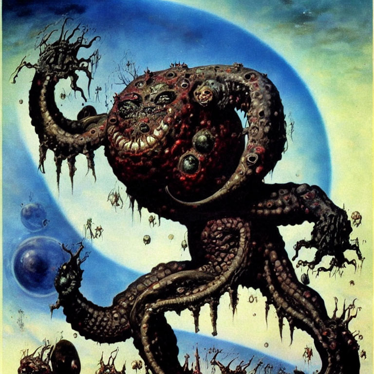 Surreal painting: Monstrous octopus-like creature with multiple eyes and faces in cosmic setting