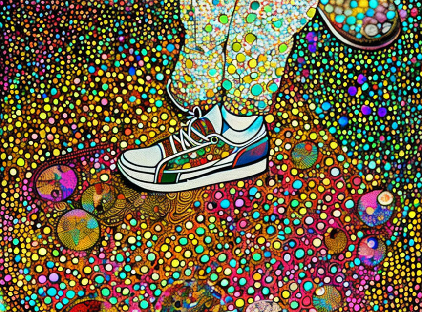 Colorful Psychedelic Artwork with Sneaker and Dotted Spheres