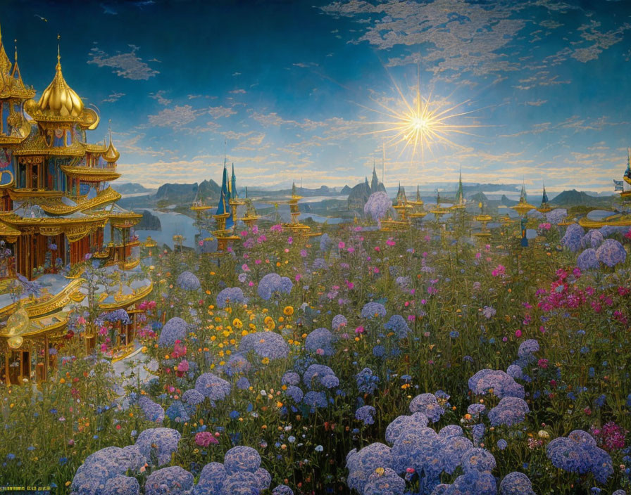 Fantasy landscape with golden-roofed buildings and colorful flowers