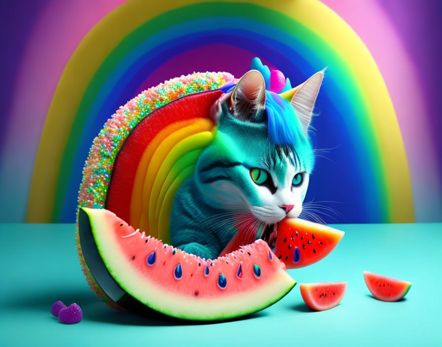 Colorful Cat Artwork with Blue and Green Fur Pattern and Watermelon Slice Helmet