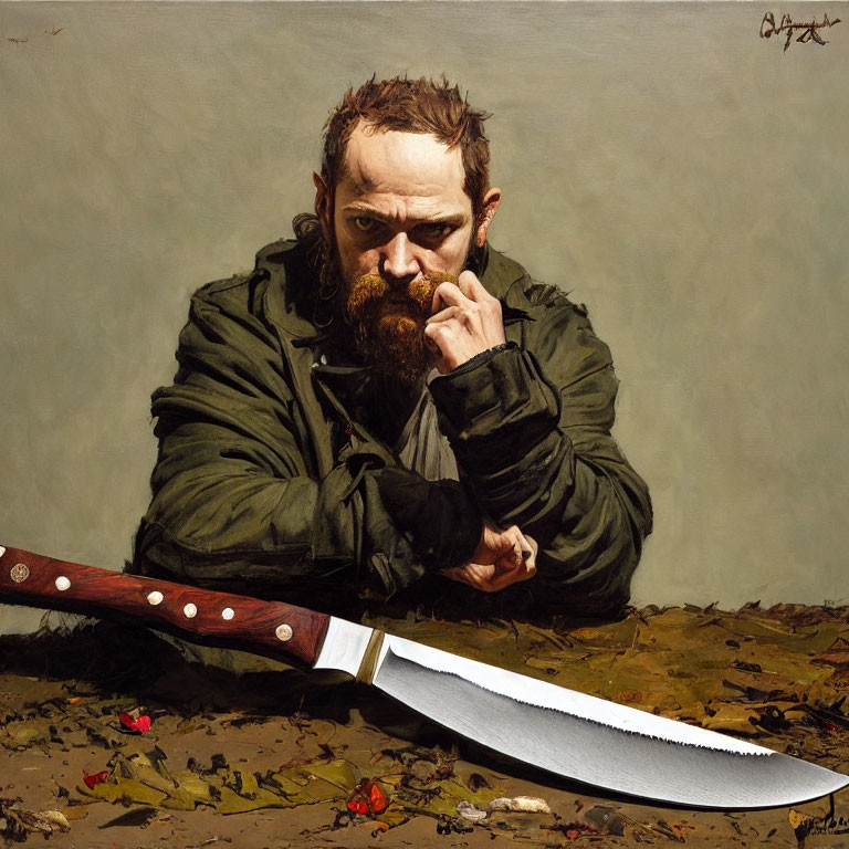 Portrait of stern bearded man with knife on neutral backdrop