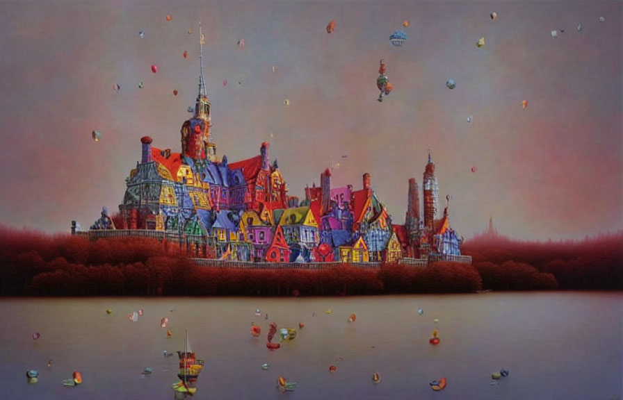 Colorful Fantastical Cityscape with Floating Elements and Balloons