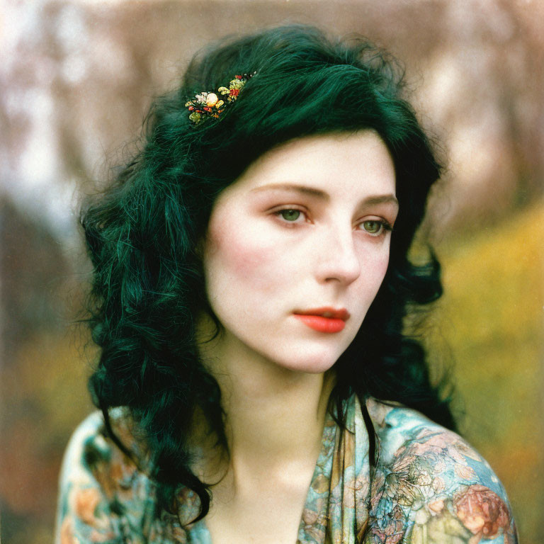 Curly Black-Haired Woman with Floral Hairpiece in Autumnal Setting