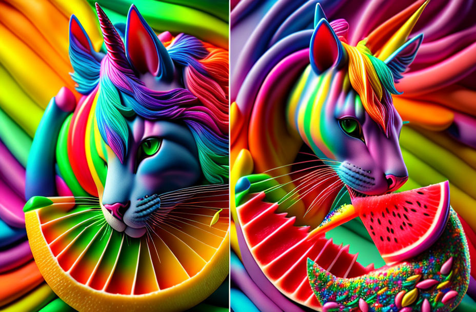 Colorful surreal artwork: two unicorns with rainbow manes eating watermelon in swirling backdrop