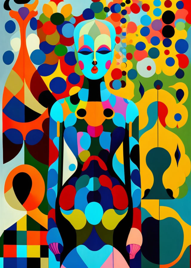 Vibrant abstract art: stylized figure, geometric and floral patterns