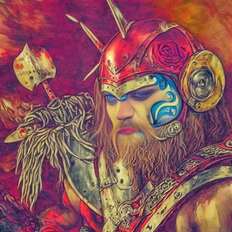 Colorful Viking warrior illustration with horned helmet and axe.