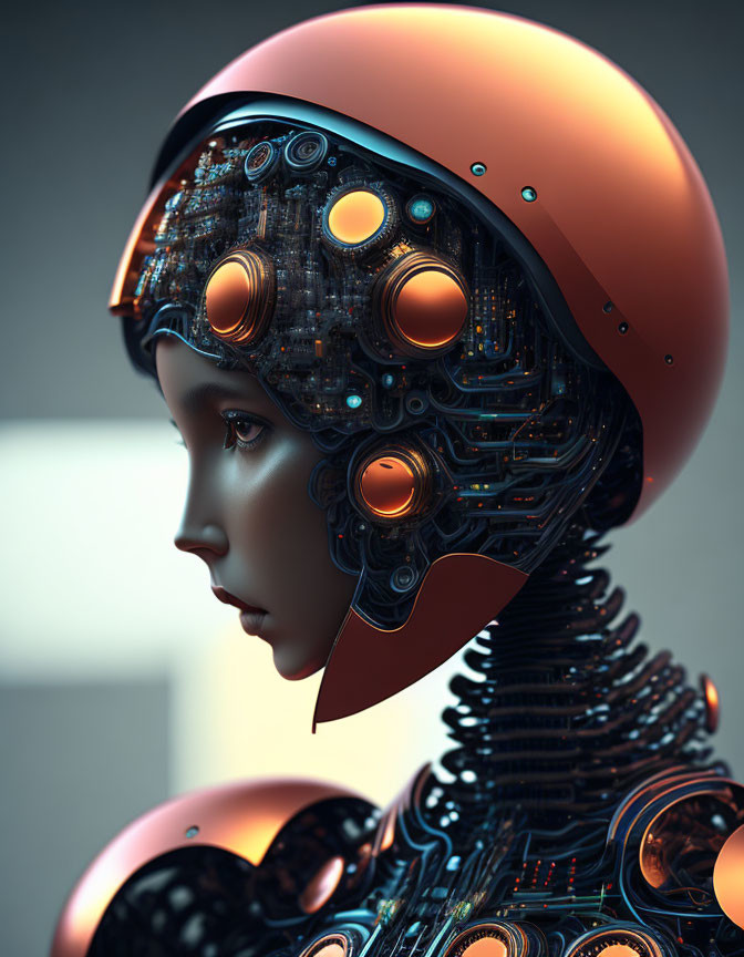 Futuristic robot with human-like facial features and intricate mechanical structure