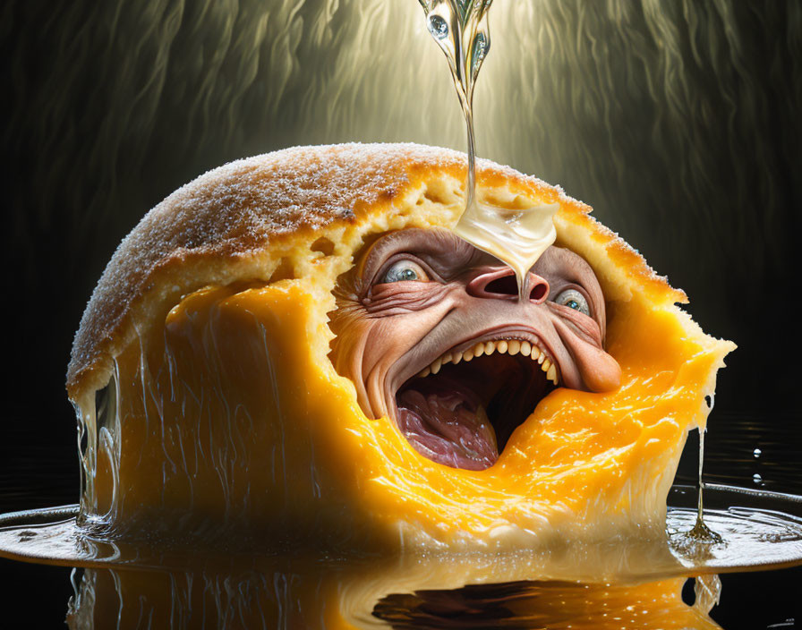 Surreal human face in melting cheese wheel with honey on dark background