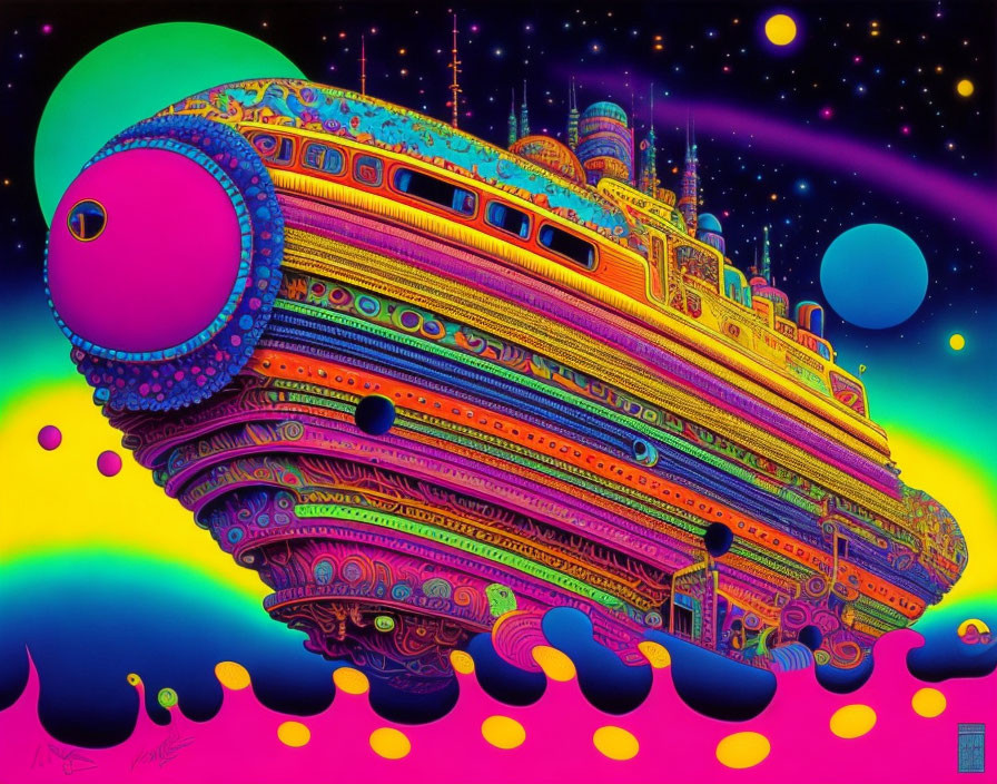 Colorful Psychedelic Spaceship in Vibrant Space Scene