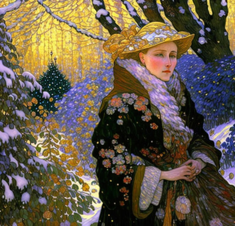 Elegant woman in patterned shawl and golden hat among snow-covered trees