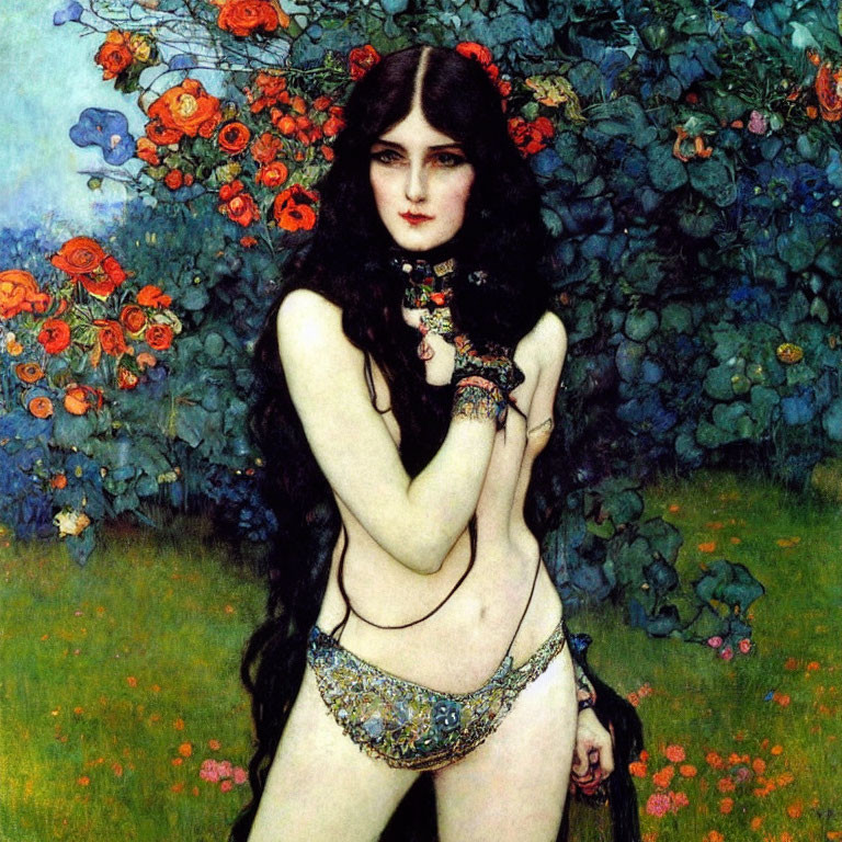 Dark-haired woman in ornate bikini amidst floral background with mystical ambiance