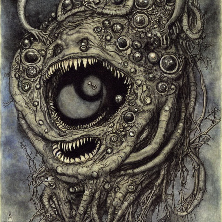 Nightmarish creature with multiple eyes, open mouth, fangs, and tentacles