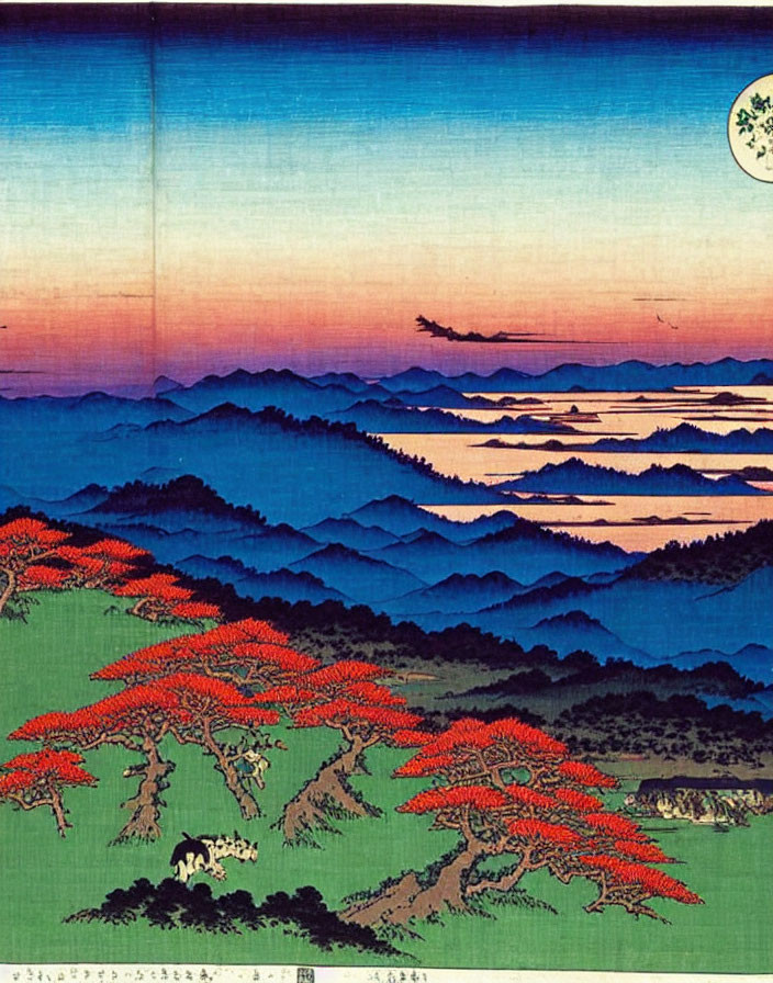 Japanese Woodblock Print: Green Landscape, Red Blossoms, Blue Hills, Sunset Sky