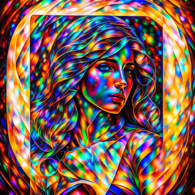 Colorful portrait of a woman with flowing hair and psychedelic neon patterns