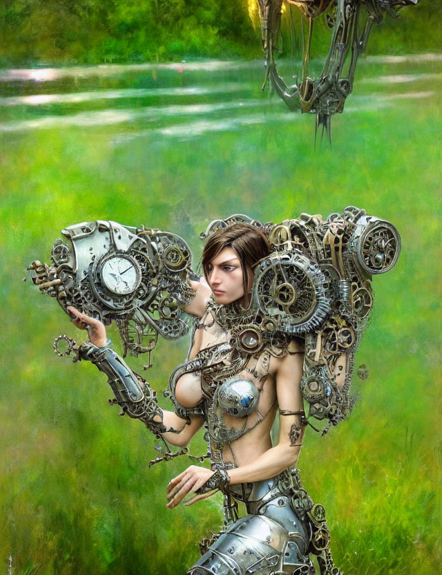 Female cyborg with intricate mechanical details in lush green background