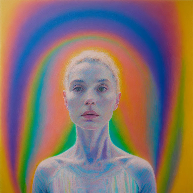 Neutral-faced woman against vibrant rainbow aura.