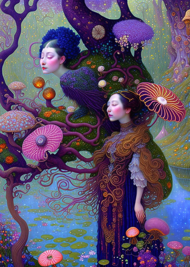 Surreal painting of two women in nature with vibrant mushrooms and swirling patterns